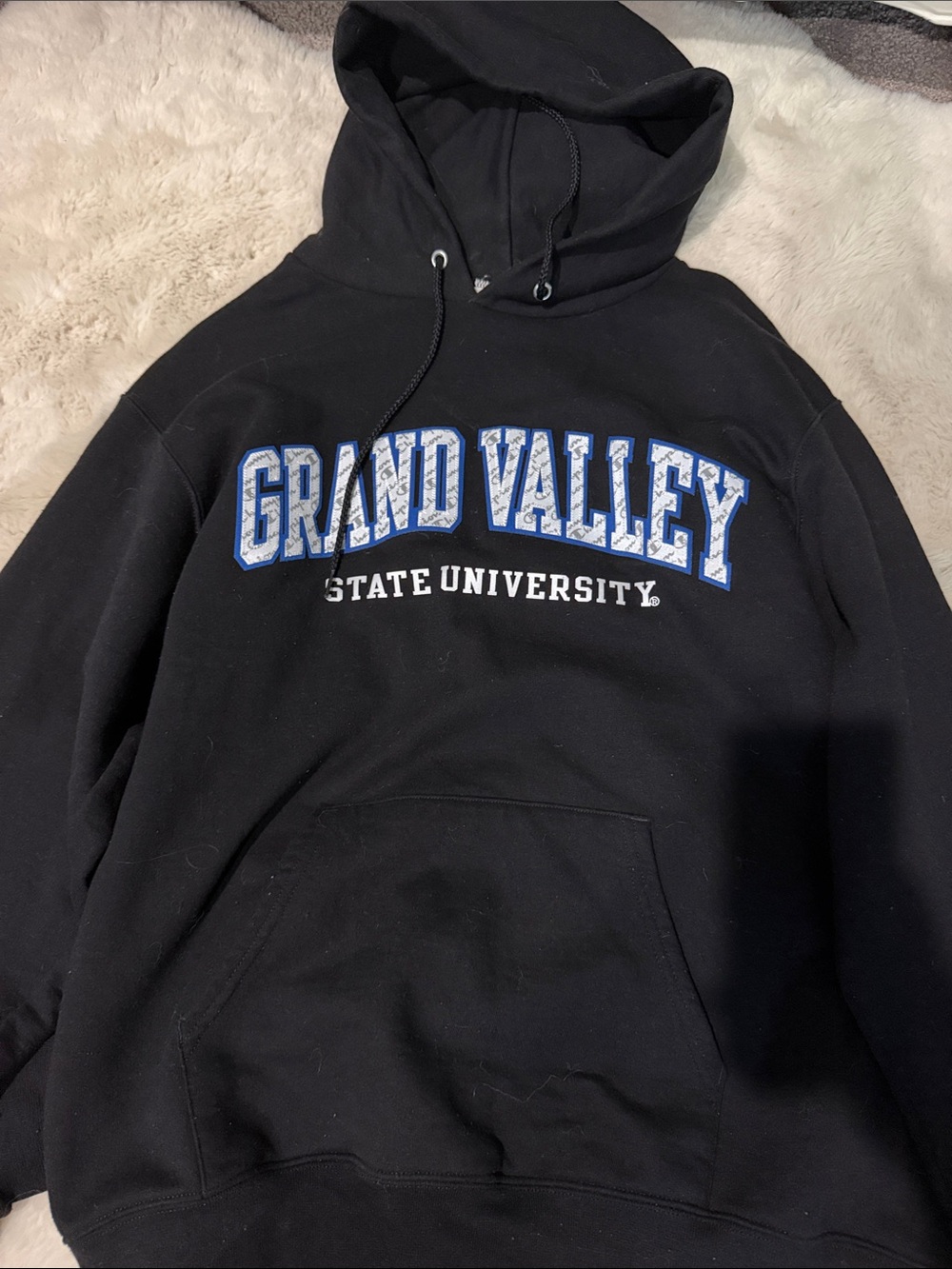 Grand Valley State University Black Champion Hoodie with Blue White Logo